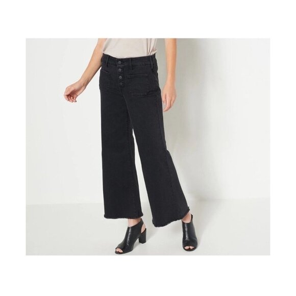 NYDJ Women's Size 10 Black Denim Cropped Wide Leg Trinity Button Fly Jeans Raw - Picture 2 of 14